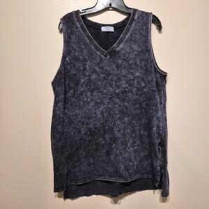 Zenana Mineral Wash Sleeveless V Neck Tank Tip Side Slit 1X Black